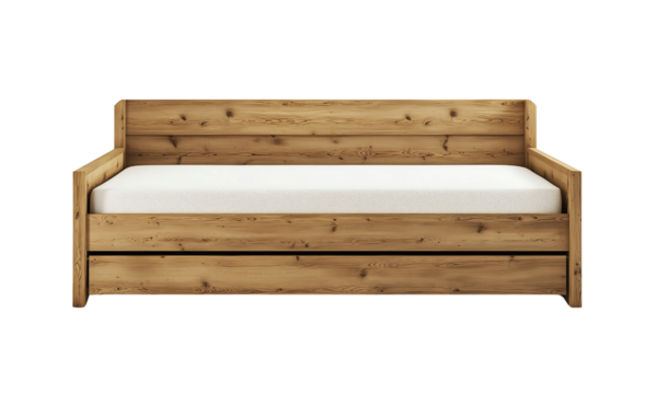 Stylish wooden daybed design modern bedroom furniture display cozy environment eye-level view contemporary concept