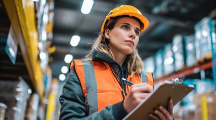 Female warehouse inspector in helmet writing checklist for goods ready for export in a refrigerated cold storage warehouse