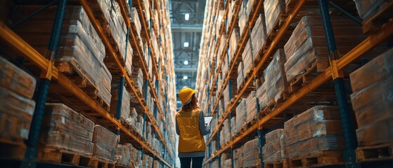 Female worker in helmet scanning pallet before storage in the automated racking area