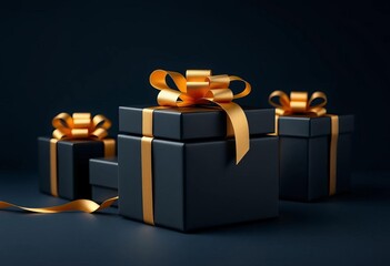 Elegant black gift boxes with a golden bow, dark blue background,  bow,  texture