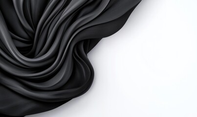 Fototapeta premium A flowing, dark fabric drapes gracefully, creating a soft, undulating texture against a bright white backdrop, showcasing light and shadow