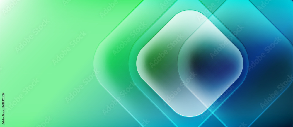 Poster abstract gradient background. blue, green hues blend. geometric shapes overlap creating luminous eff