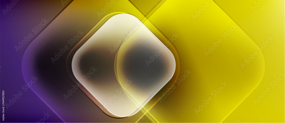 Poster abstract design features layered squares, vibrant purpleyellow gradient. smooth transitions create m