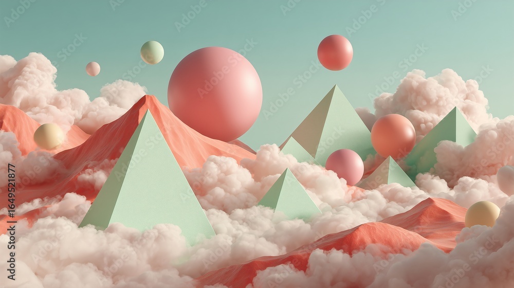 Poster surreal dreamscape with floating geometric shapes, including pyramids and spheres, amidst fluffy clo