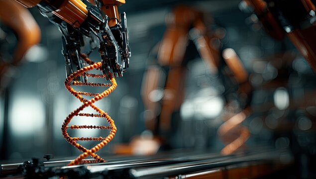 Robotic arms manipulate a DNA strand in a futuristic factory setting