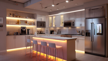 White Kitchen Interior with Modern Appliances and Shelves
