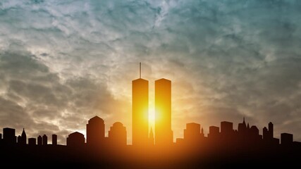 New York skyline silhouette with Towers at sunset. 09.11.2001 American Patriot Day video.