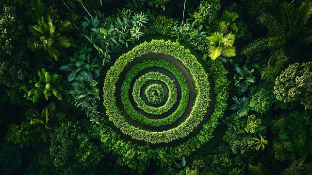 Aerial view of a lush green circular garden pattern from above, surrounded by forest.