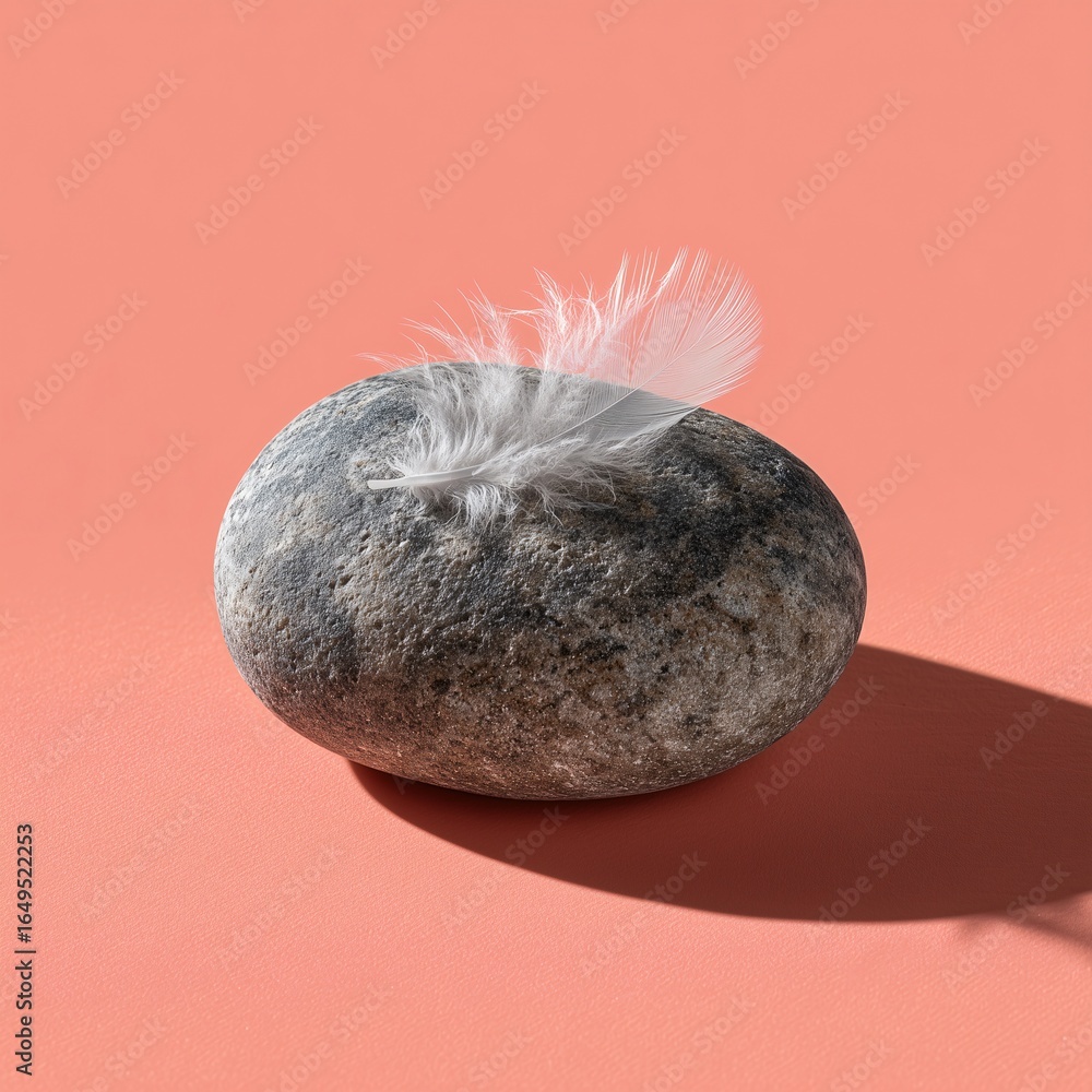 Poster smooth gray river stone with delicate white feather on coral background, creating serene and minimal
