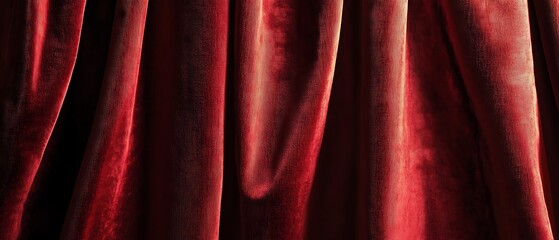 Closeup of a rich red velvet theater curtain with soft folds and luxurious texture.
