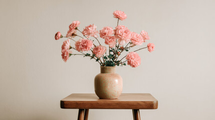 A vase of pink flowers on a table on white background