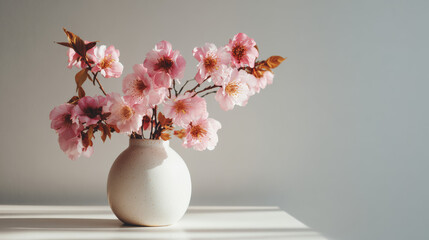 A vase of pink flowers on a table on white background