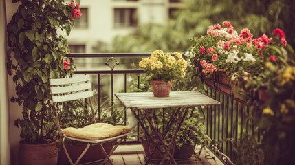 Beautiful terrace or balcony with small table, chair and flowers. Toned image