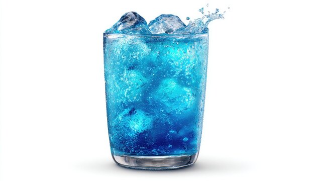 A vibrant blue drink with ice in a glass, splashing