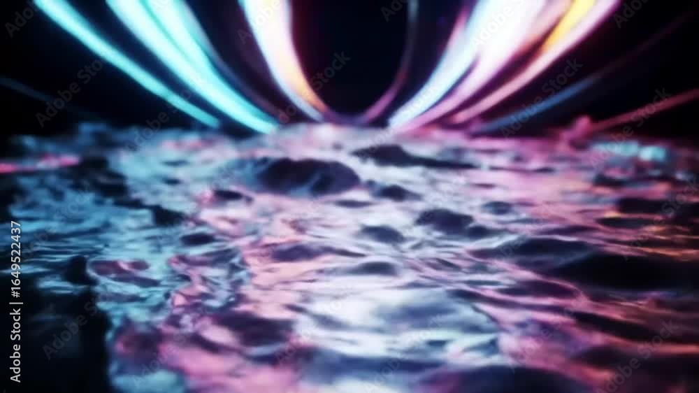 Poster an abstract and vibrant digital artwork showcases dynamic light trails and fluid, textured surfaces,