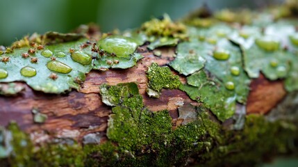 Closeup of tree bark with green lichen and water droplets after rain.