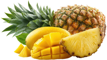 Right yellow composition with cut tropical fruits - mango and pineapple isolated on a white background