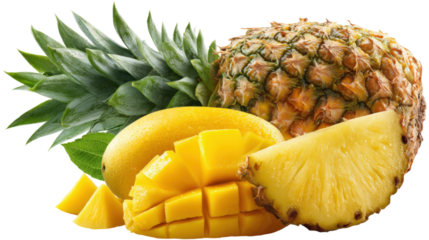 Right yellow composition with cut tropical fruits - mango and pineapple isolated on a white background