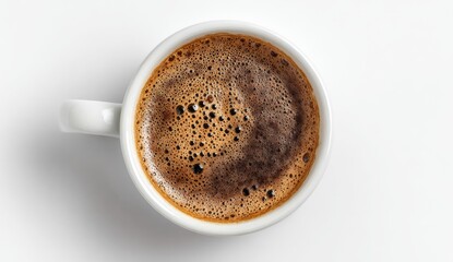 Espresso in a white cup, top view.  Rich, dark coffee froth