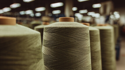 Textile Manufacturing: A close-up of spools of thread within a textile mill, emphasizing the intricate textures and industrial aesthetic.