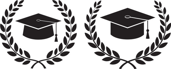 Two graduation caps surrounded by laurel wreaths silhouette