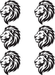 Six stylized lion heads in profile facing right on white background lions face