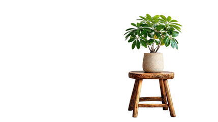  Elegant indoor plant on wooden stool on white background