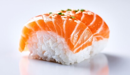 Close-up of two salmon nigiri sushi pieces