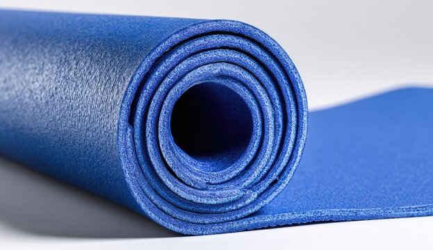 Rolled-up blue exercise mat. Close-up view of a vibrant blue yoga or fitness mat, tightly rolled into concentric circles, resting on a plain white surface.  The mat appears flexible and dense