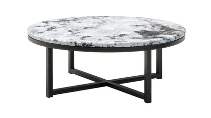  Elegant round marble top coffee table with black metal frame on white background