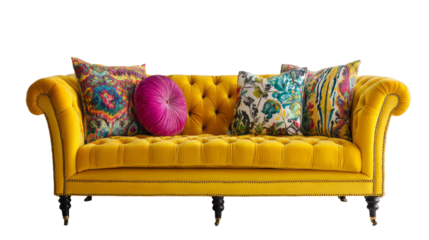 Elegant yellow sofa with colorful pillows on white background