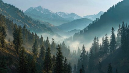 Obraz premium Misty mountain valley with towering pines