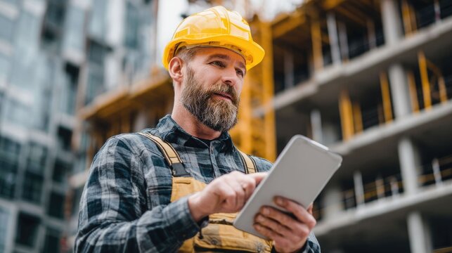 Civil Engineer Using Tablet to Check Construction Schedule &ndash; Construction Site, Project Management, and Planning