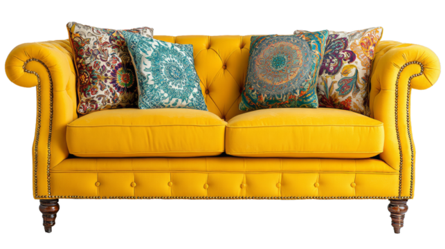 Elegant yellow sofa with colorful pillows on white background