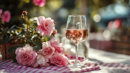 Ros? wine glass, surrounded by pink roses, on a picnic table