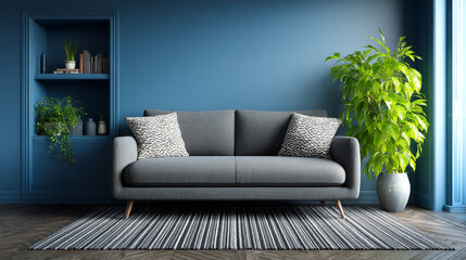 Grey and blue living room style, modern small sofa, carpet parquet floor, vase of green plant and shelf concept.