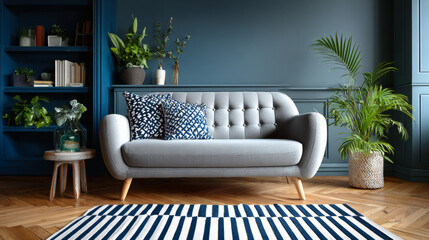Grey and blue living room style, modern small sofa, carpet parquet floor, vase of green plant and shelf concept.