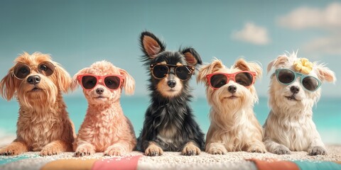 Cinco adorables perros con gafas de sol posando en la playa.
