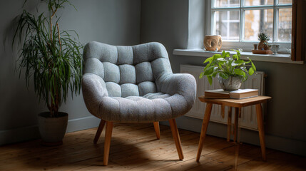 Grey comfy chair standing next to a small table with a book and a plant on it in a day room interior 