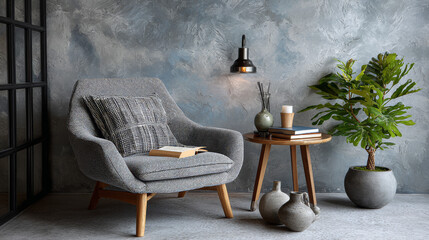 Grey comfy chair standing next to a small table with a book and a plant on it in a day room interior 