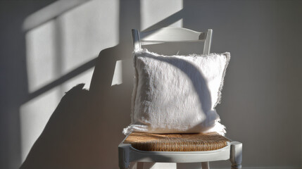 Linen cushion cover in white on a chair on white background