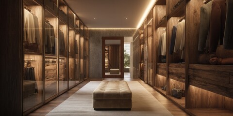 Spacious walk-in closet with elegant wooden cabinetry.