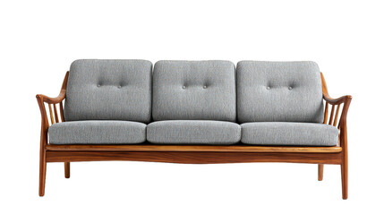 Midcentury modern grey sofa with wooden frame on white background