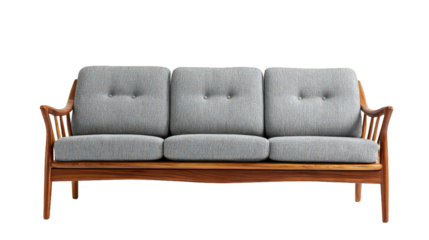 Midcentury modern grey sofa with wooden frame on white background