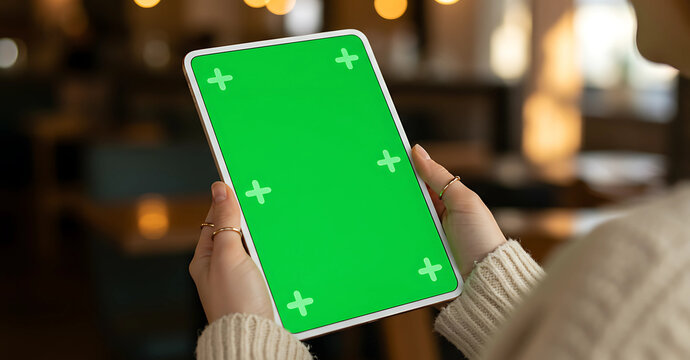 Hands hold tablet with green screen in blurred background, showcasing rings on fingers and casual wear