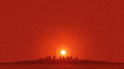Obraz premium Sunset over a city, red digital landscape