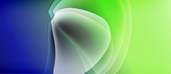 Abstract fluid shapes blend blue, green hues. Soft gradients create dynamic, flowing composition. Minimalist design evokes calm energy.