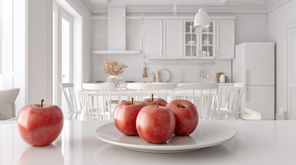 Minimalist design of kitchen and family dining room. Plate of apples on table, white chairs nearby, kitchenware and utensils on furniture, small refrigerator, range hood, white walls, panorama 