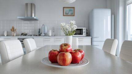 Minimalist design of kitchen and family dining room. Plate of apples on table, white chairs nearby, kitchenware and utensils on furniture, small refrigerator, range hood, white walls, panorama 