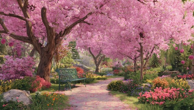 Lush, spring-like garden path lined with vibrant pink cherry blossoms - Powered by Adobe